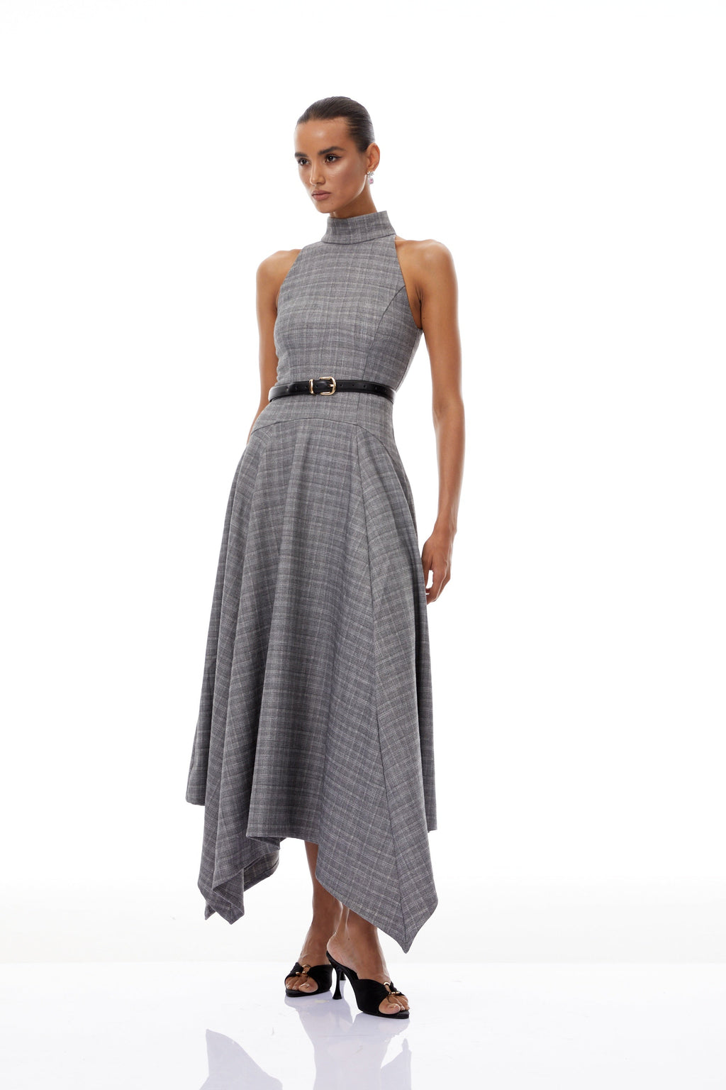 Wilhemine Grey Checked Tweed Maxi Dress (Without Belt)