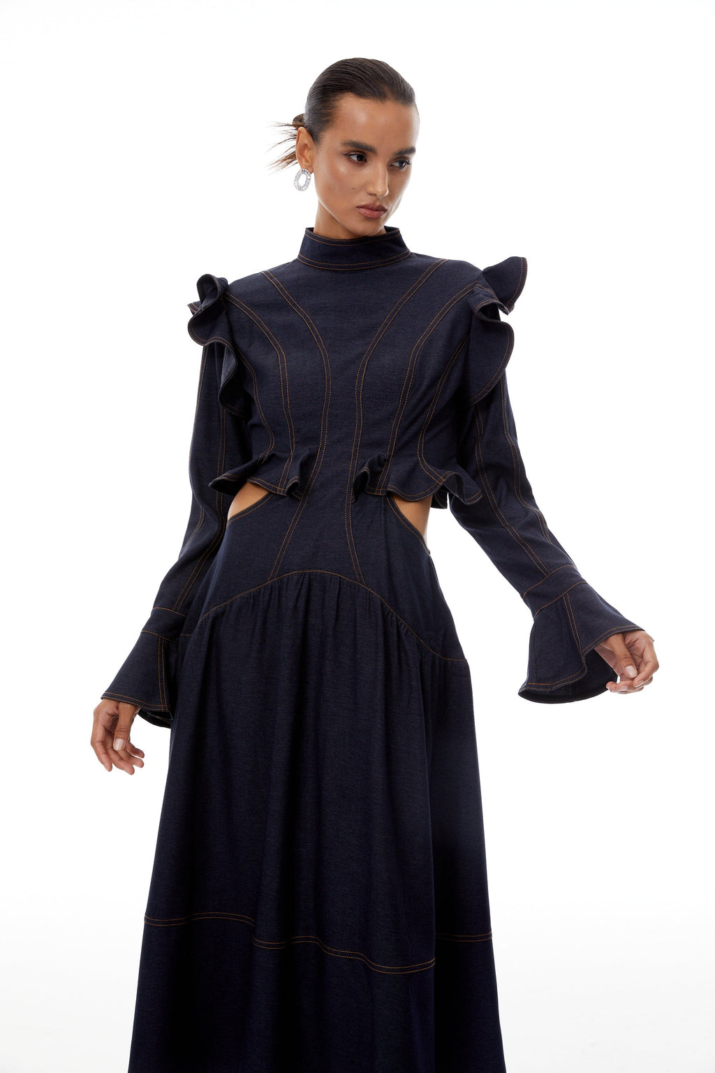 Wilhelmine Indigo Blue Ruffled Denim Midi Dress