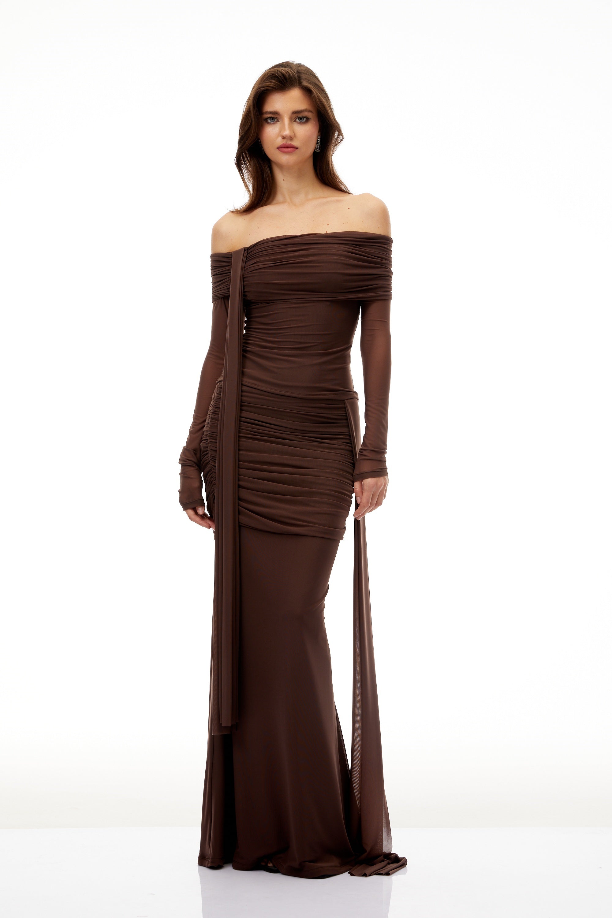 Hyacinthe Brown Asymmetrical Ruched Top & Skirt Set