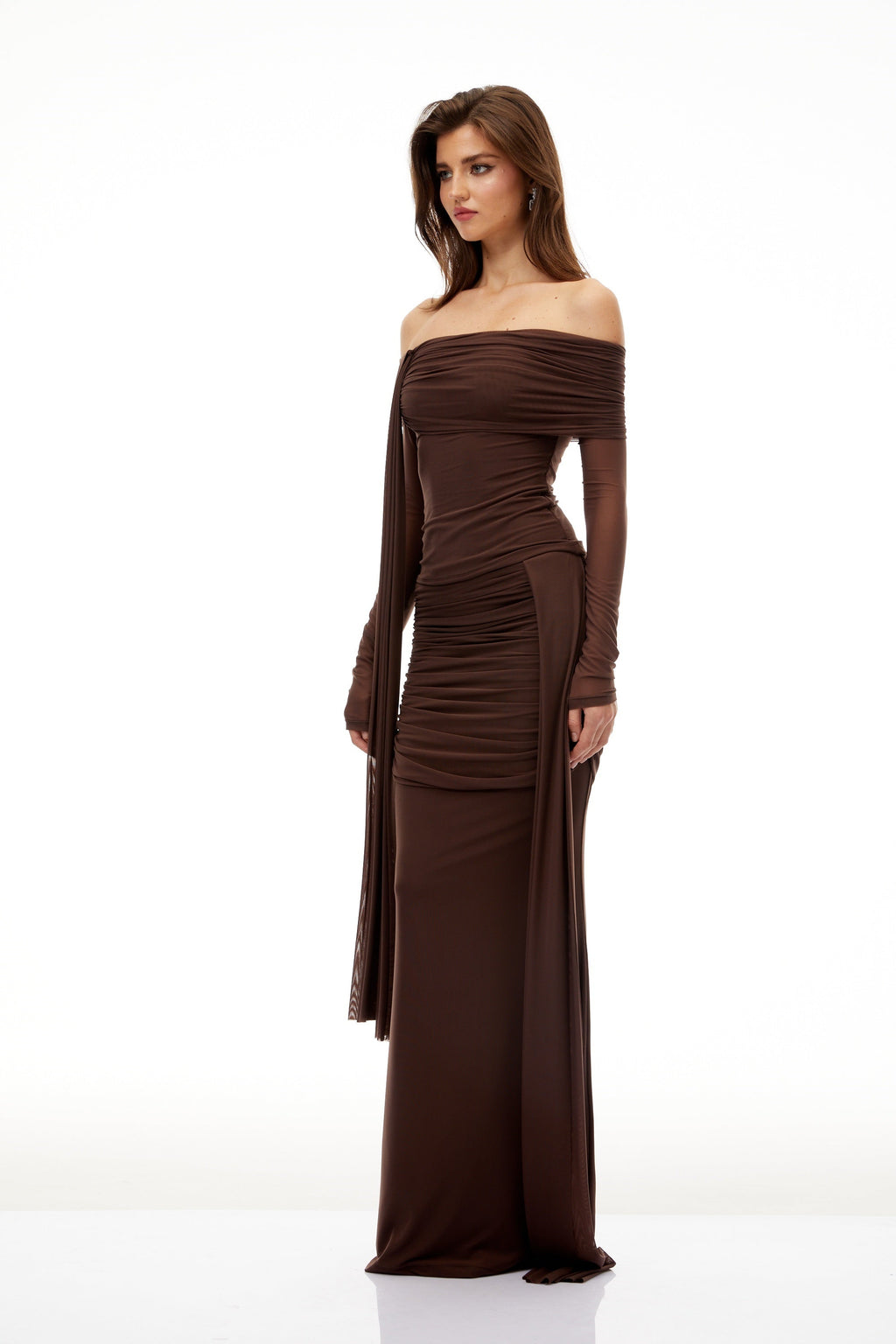 Hyacinthe Brown Asymmetrical Ruched Top & Skirt Set
