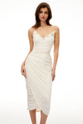 Geneviève White Floral Gathered Midi Bodycon Dress