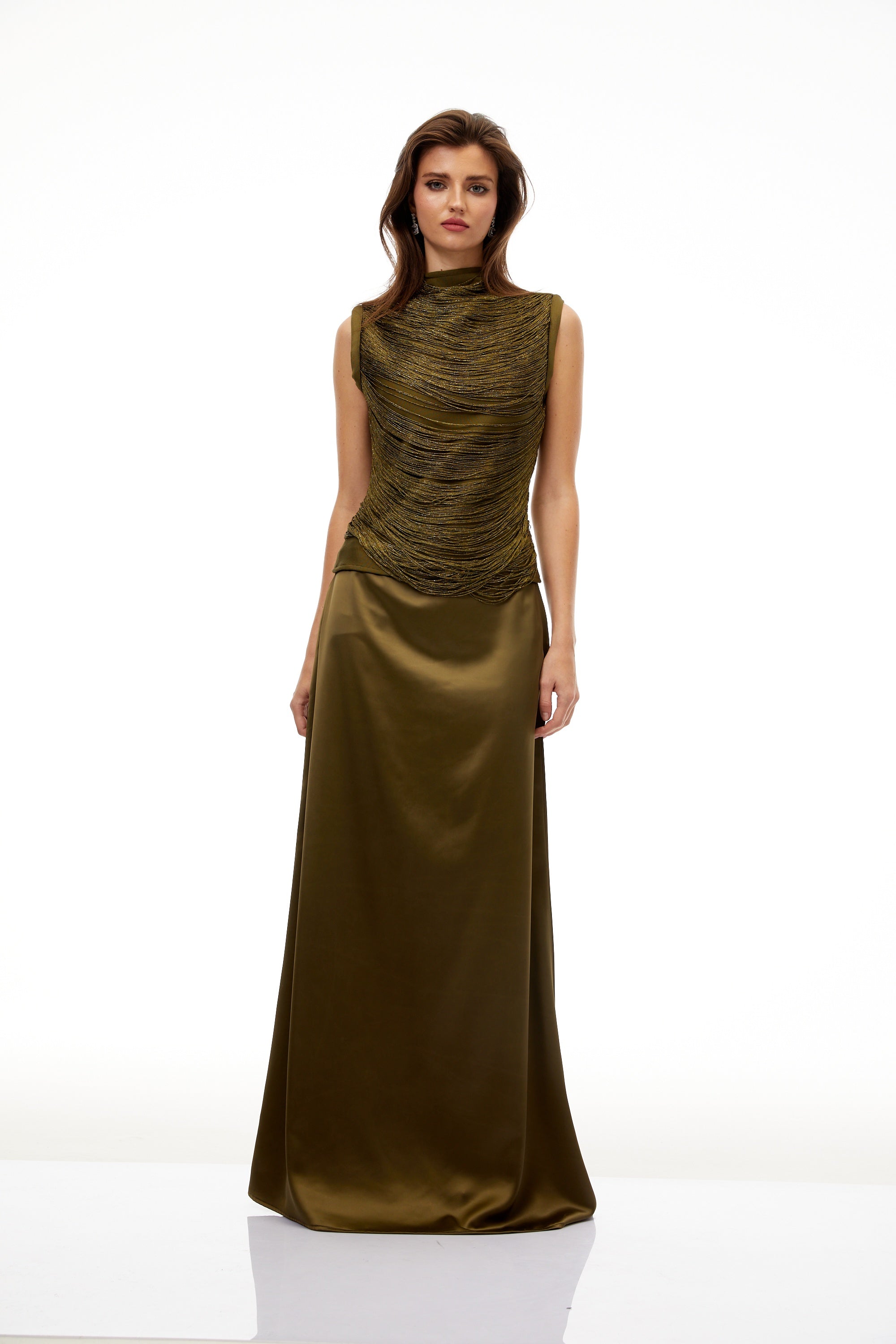 Borbála Green Fringed Top & Satin Skirt Set