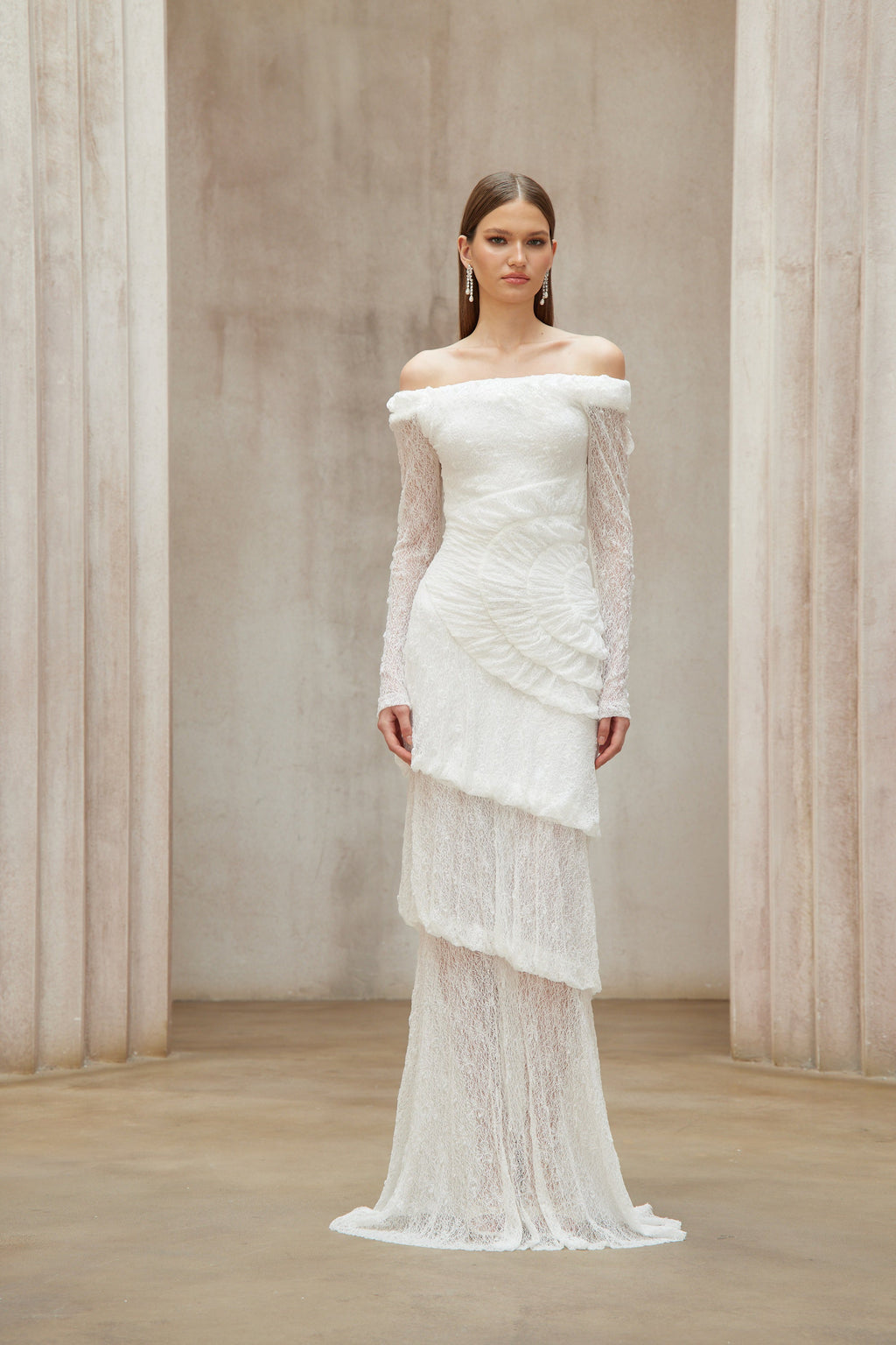 Étincelle White Ruched Lace Maxi Dress