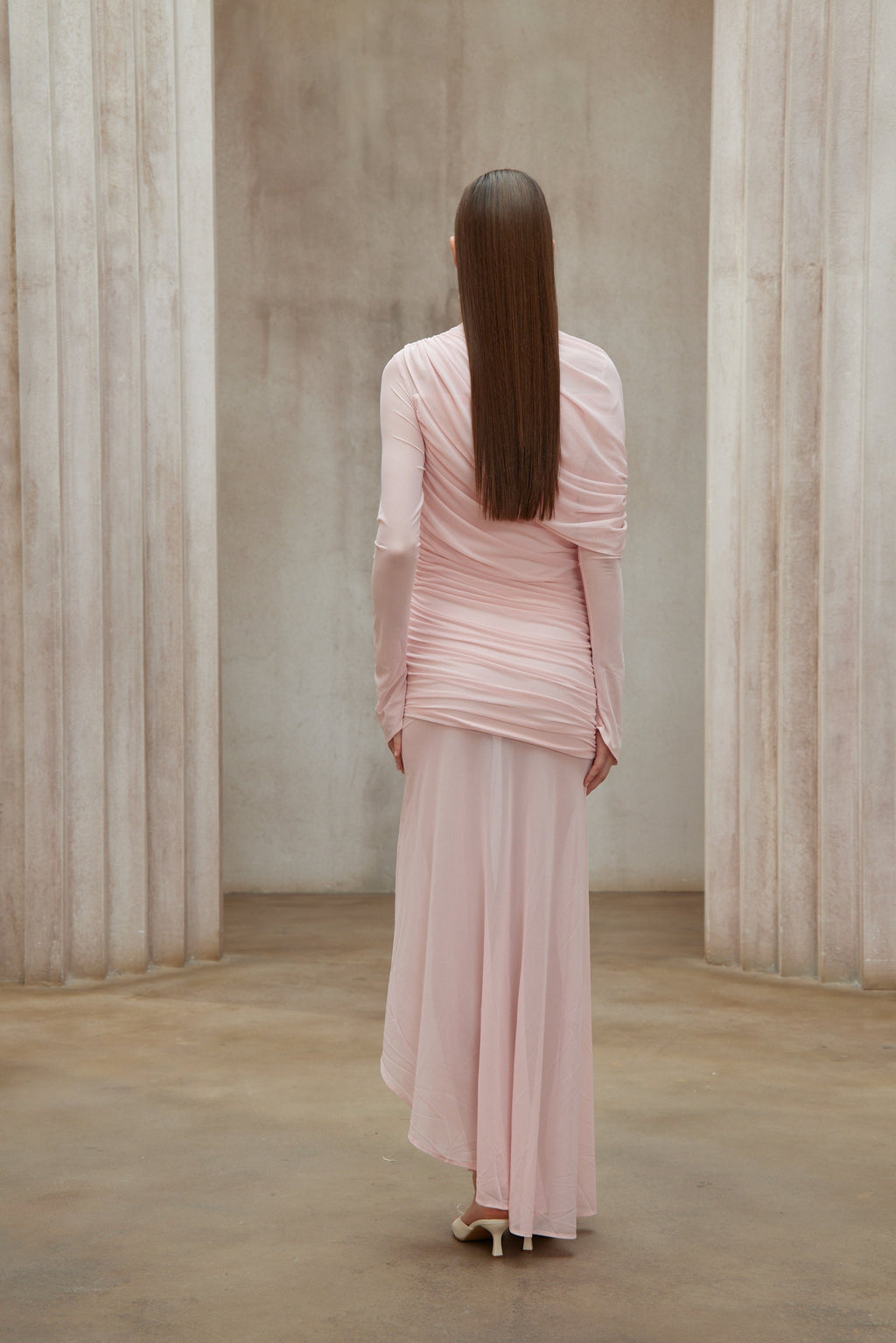 Garance Pink Asymmetrical Ruched Mesh Maxi Dress