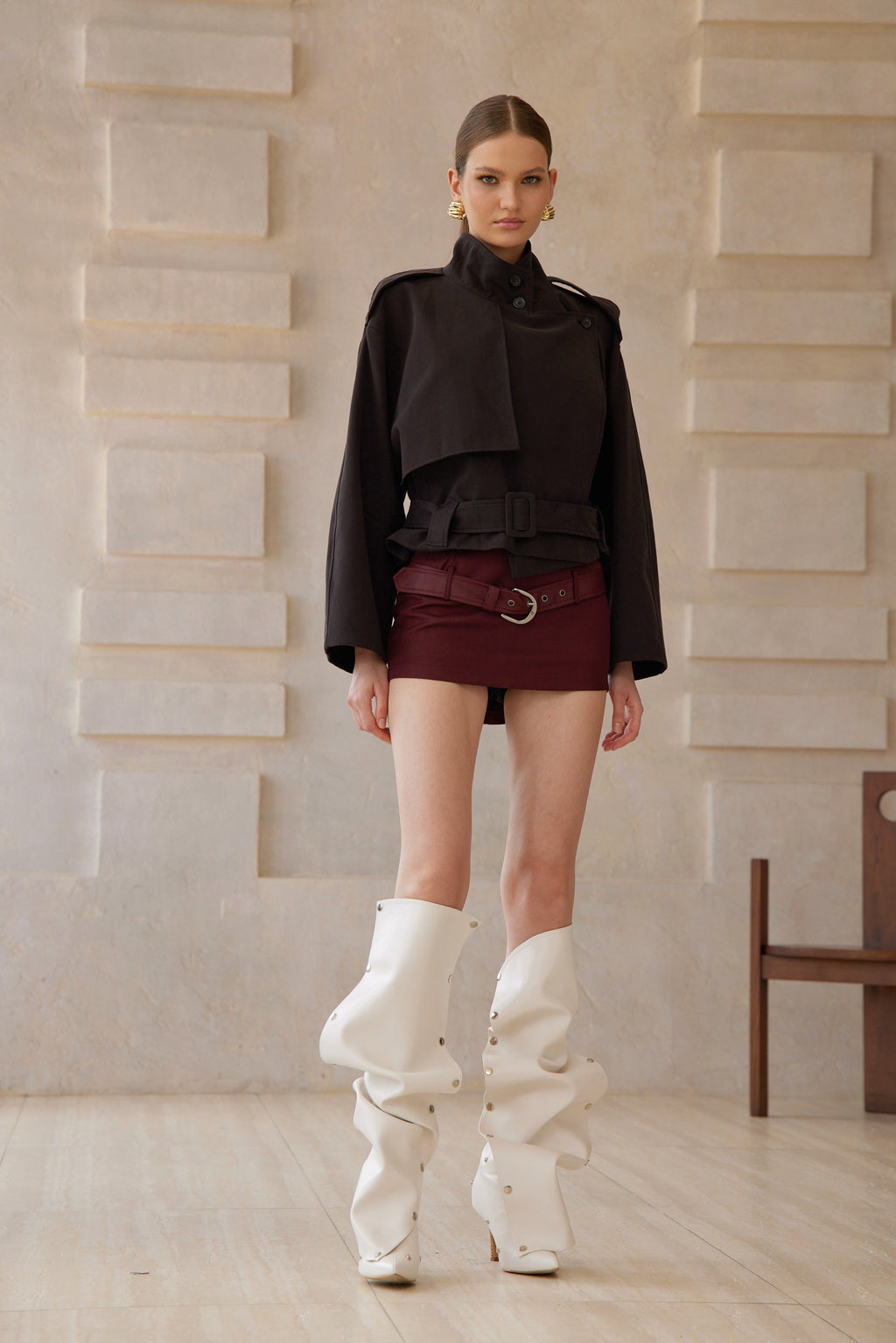 Tiphaine Black Asymmetrical Belted Short Trench Coat