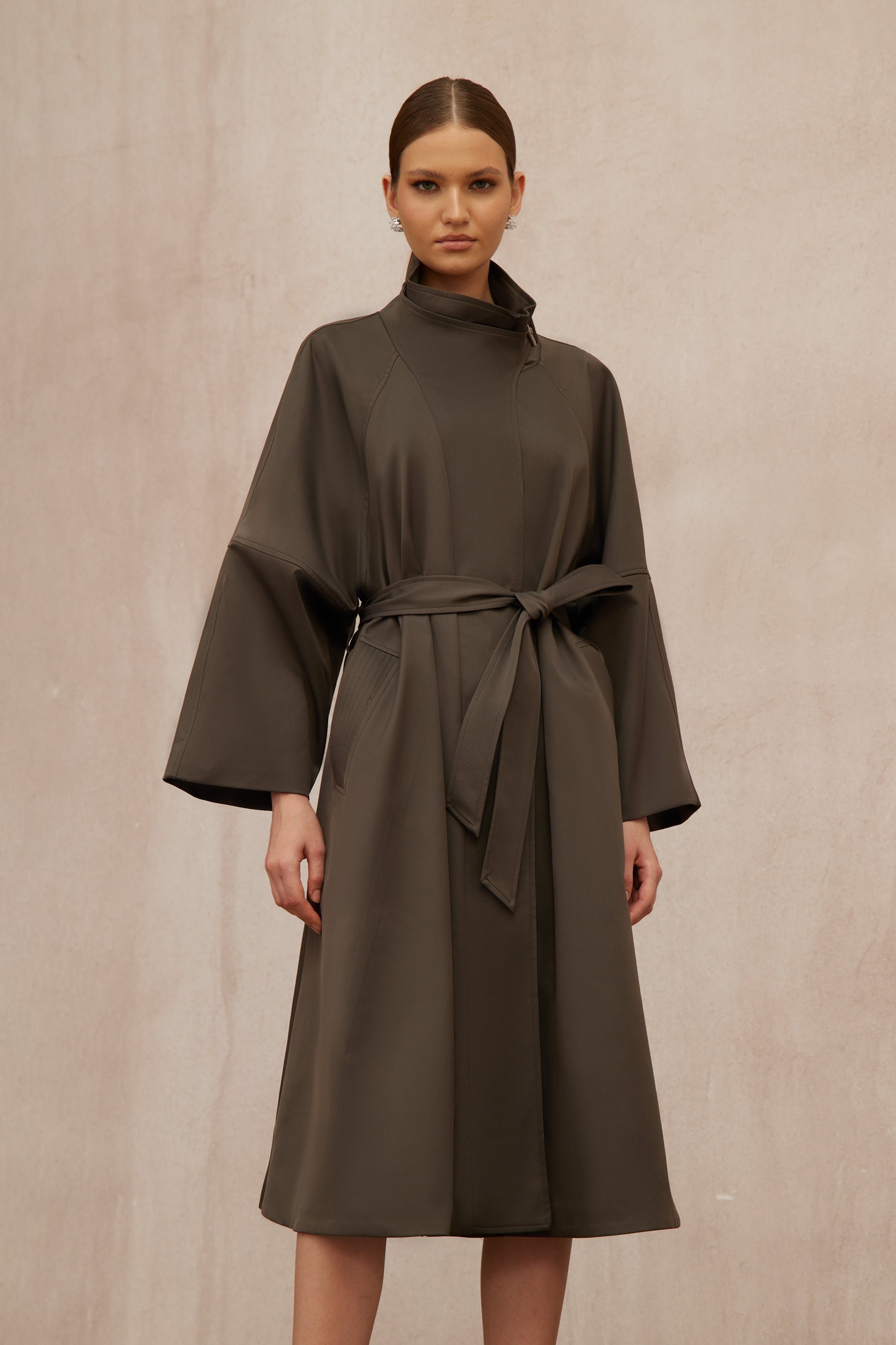 Suzon Charcoal Grey Belted Long Trench Coat