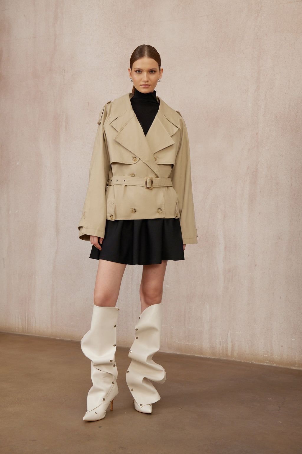Sandra Khaki Double-Breasted Short Trench Coat