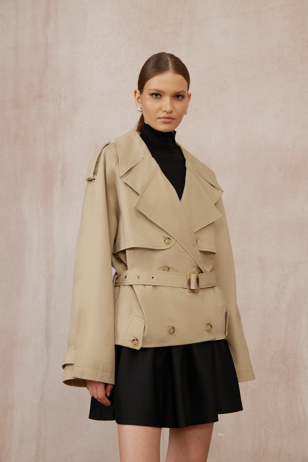 Sandra Khaki Double-Breasted Short Trench Coat