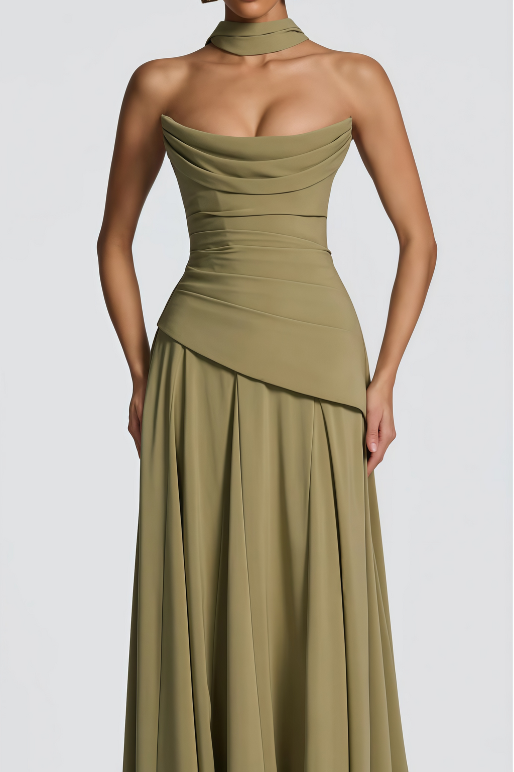 Romane Green Strapless Corset Chiffon Maxi Dress
