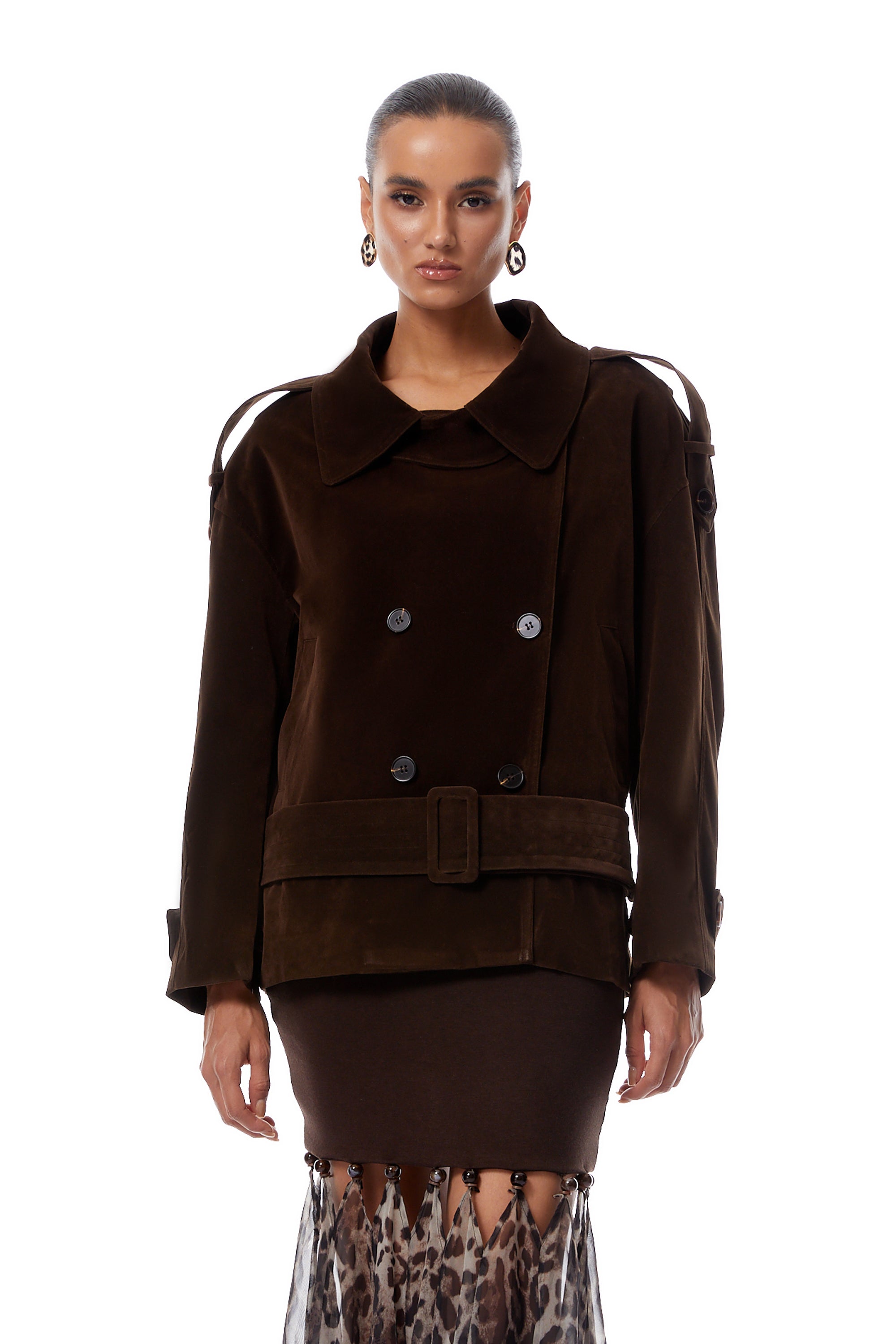 Francesca Brown Double-Breasted Suede Trench Coat