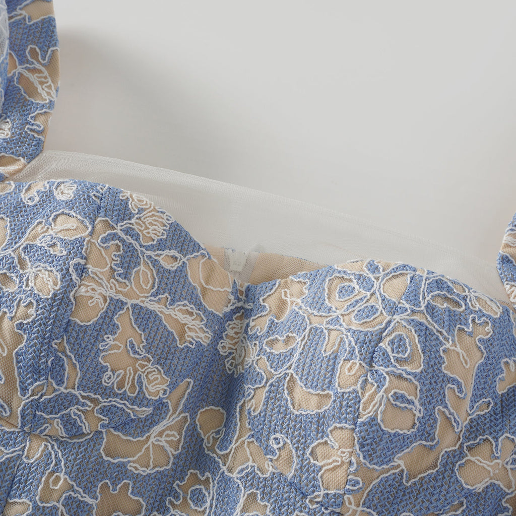 Gaëlle Blue Floral Embroidered Midi Dress