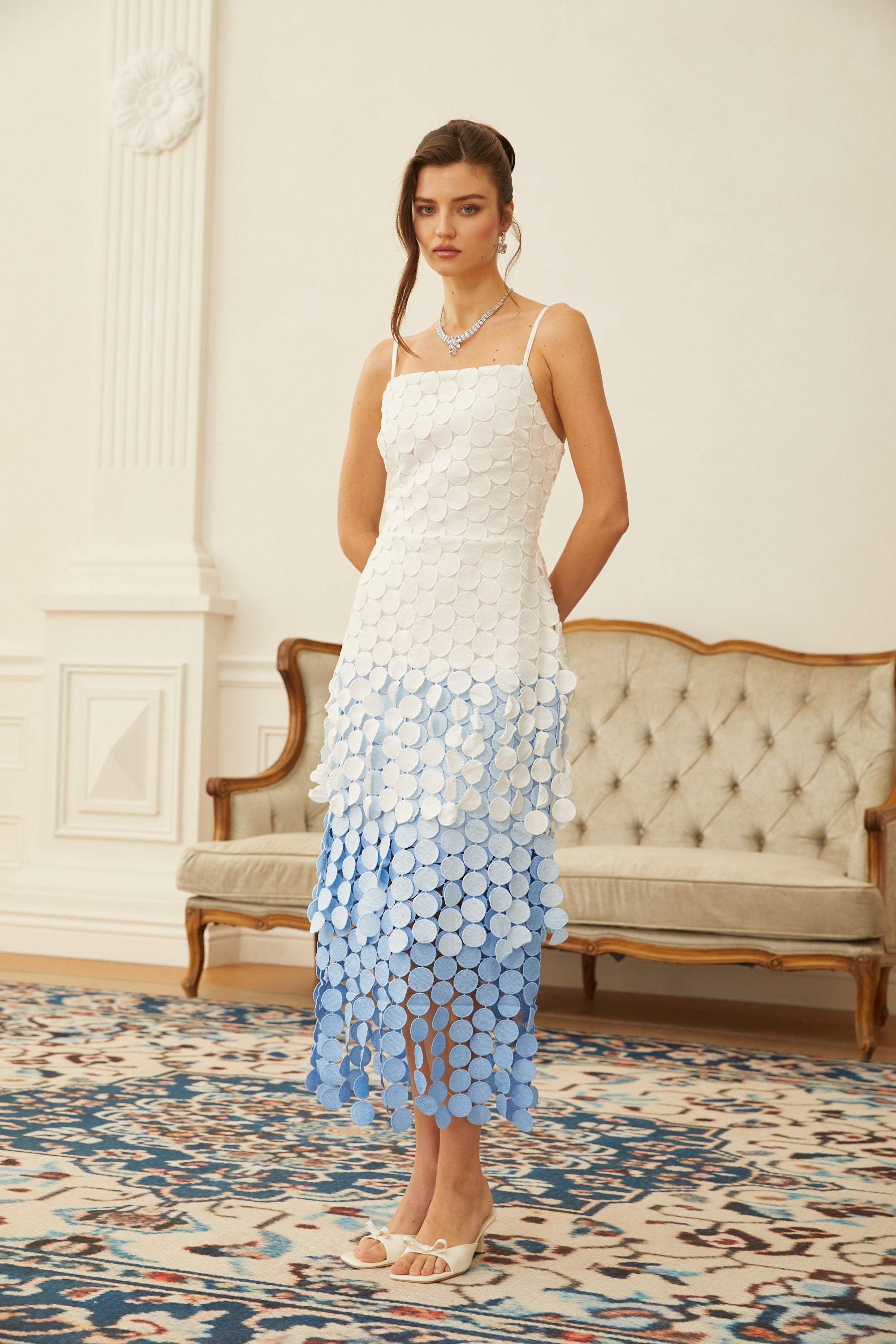 Vezzetti Blue Embroidered-Disc Fringed Midi Dress