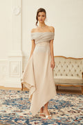 Aigline Neutral Asymmetrical Ruched Midi Dress