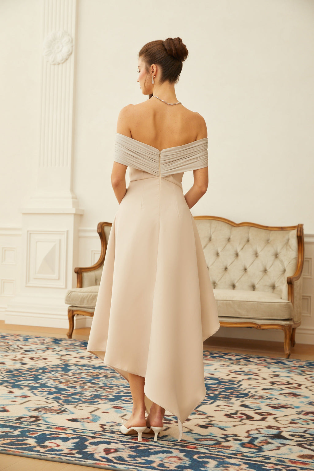 Aigline Neutral Asymmetrical Ruched Midi Dress