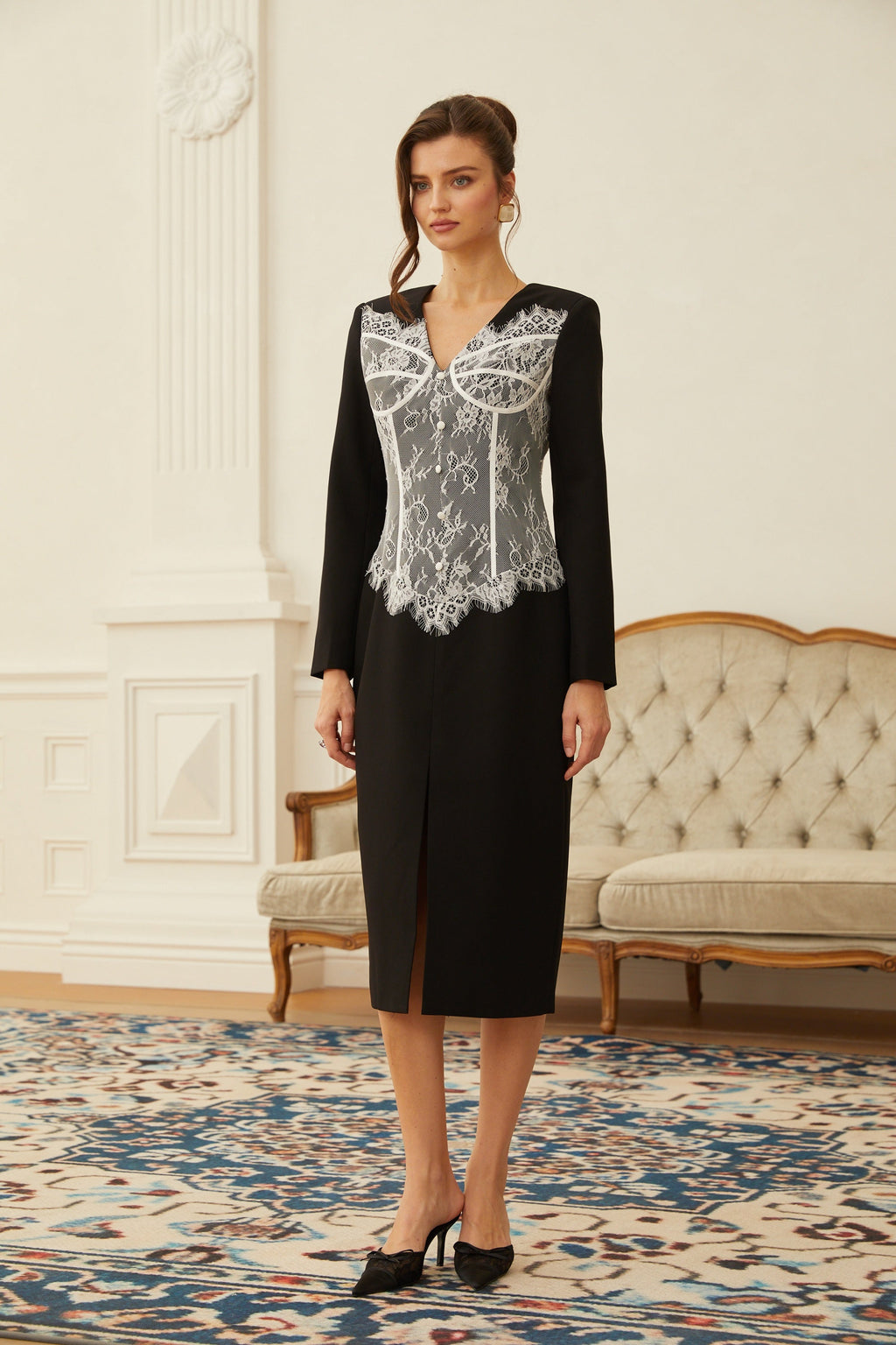 Zephyra Black Lace Corset Panel Midi Dress