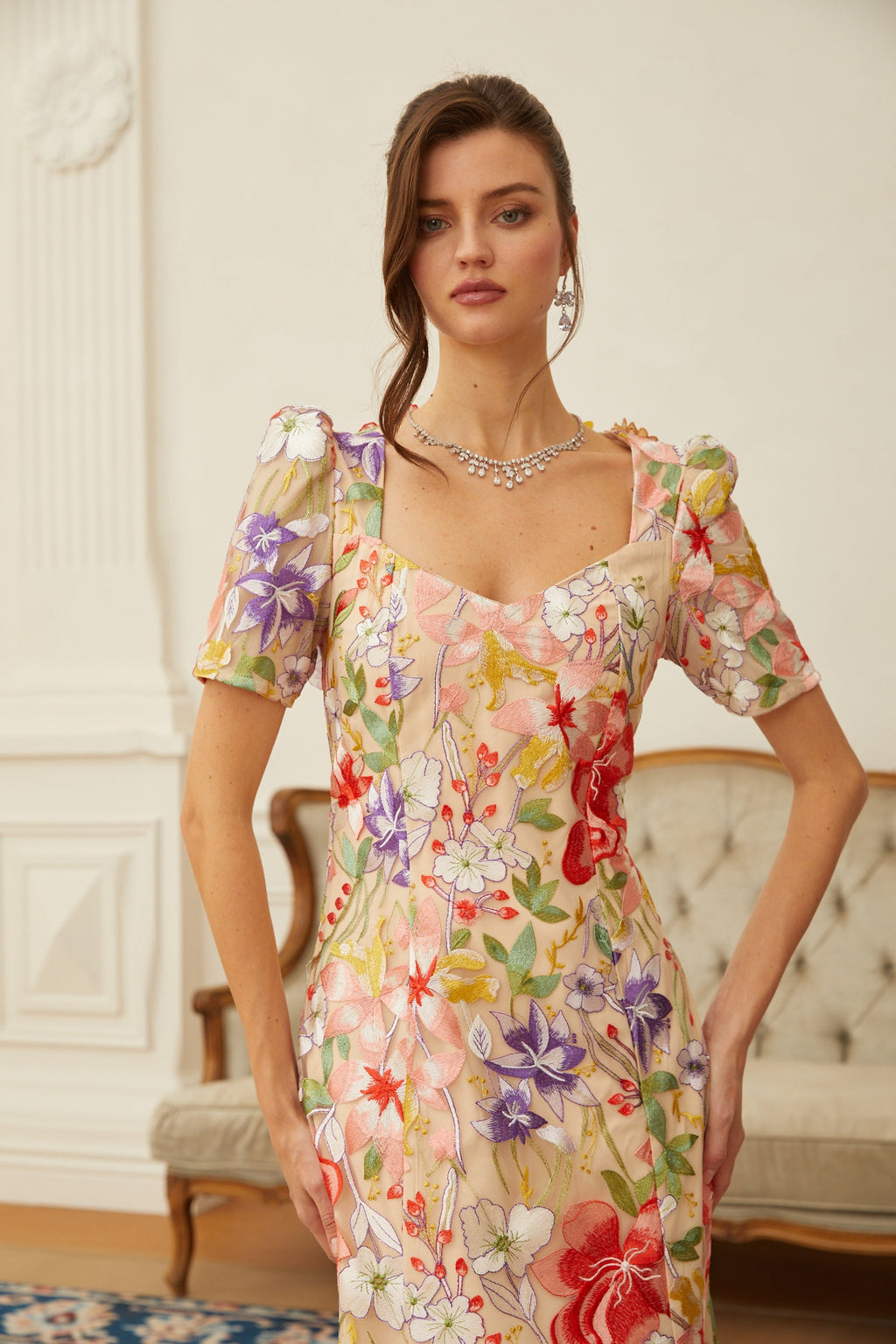 Darcy Neutral Floral Embroidered Tulle Midi Dress