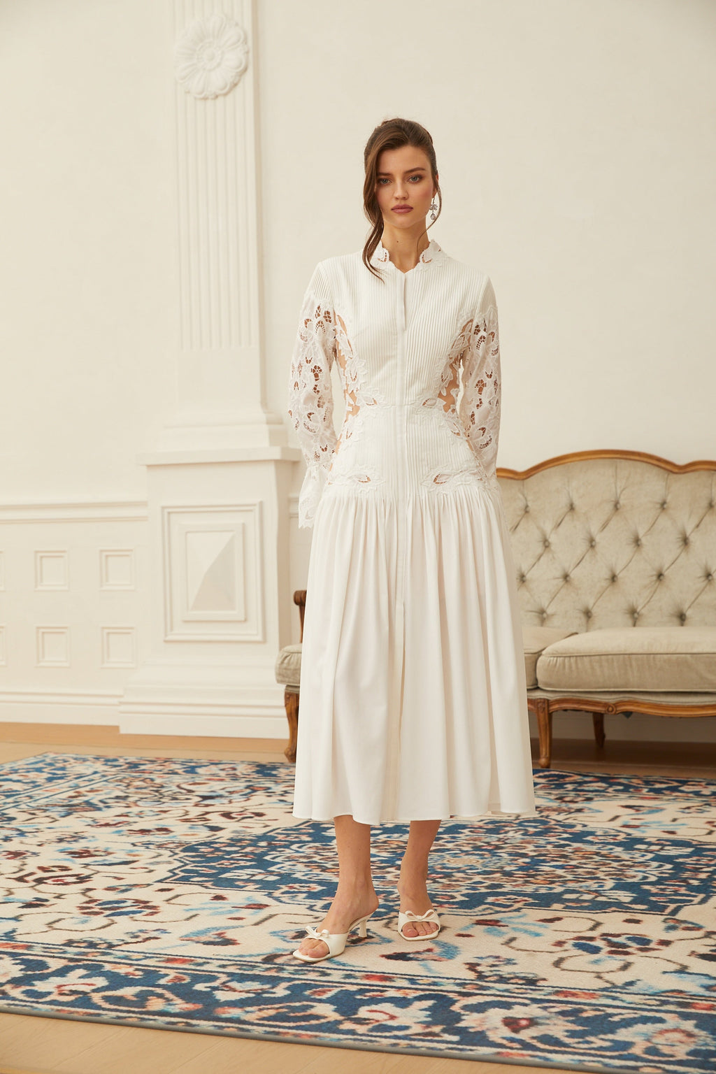 Chiara White Lace Panel Pleated Midi Dress
