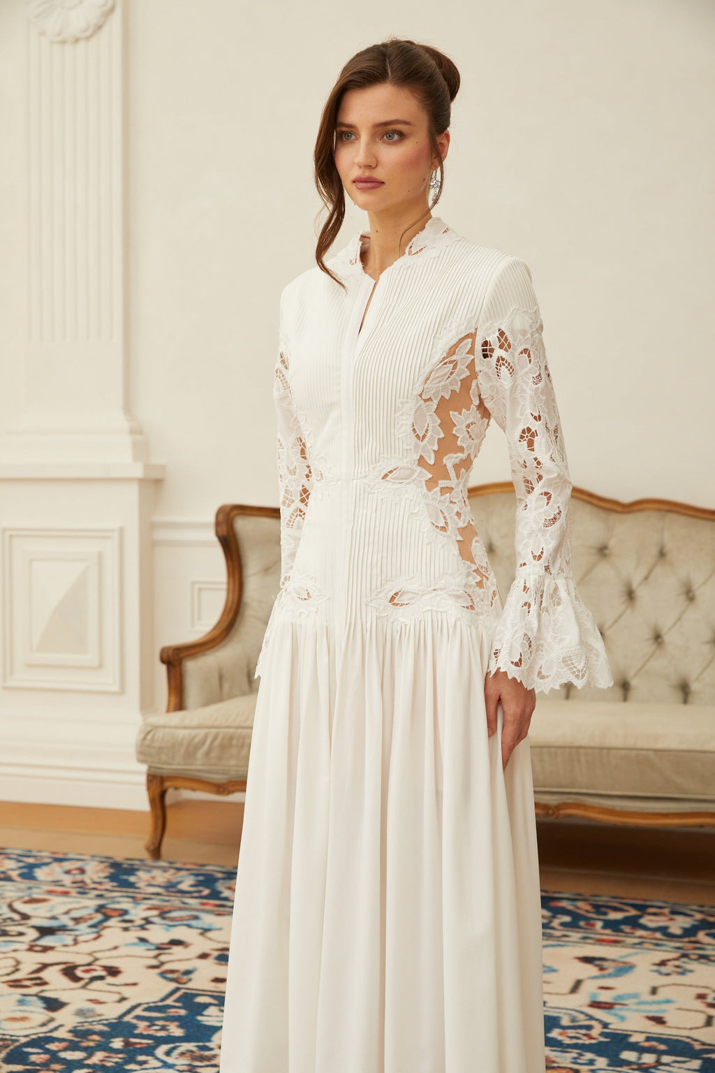 Chiara White Lace Panel Pleated Midi Dress