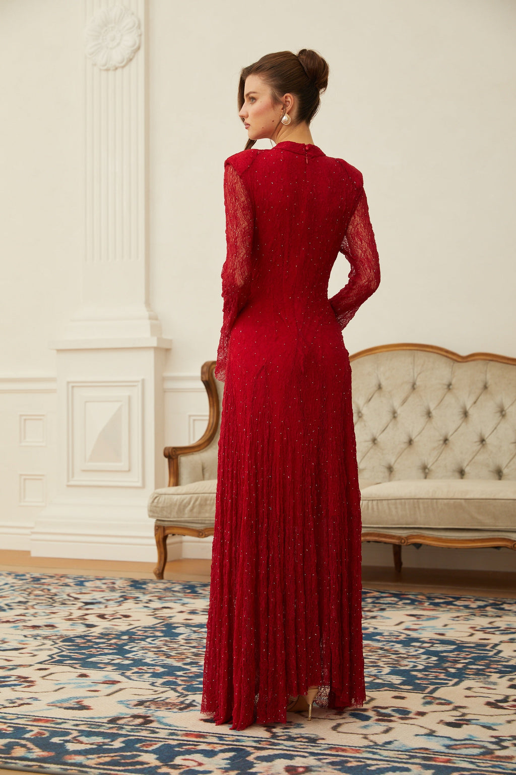 Justyna Red Rhinestone Guipure Lace Maxi Dress