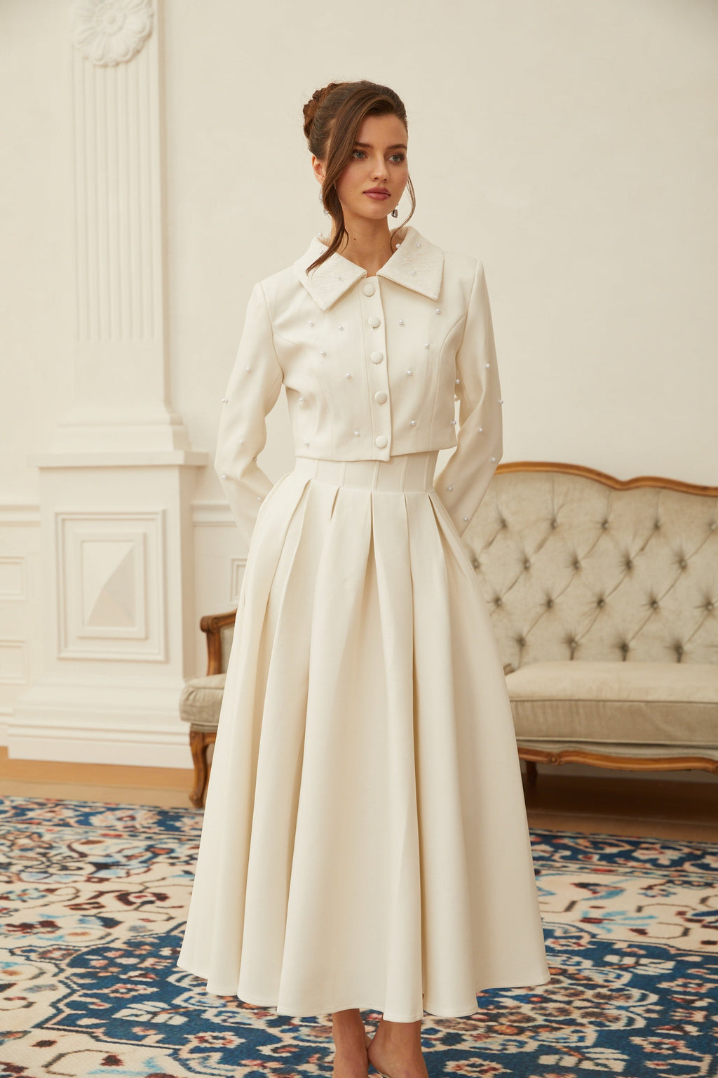 Maja White Faux Pearl Jacket & Pleated Skirt Set