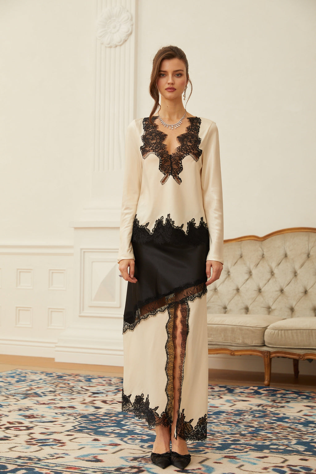 Raphaëlle Neutral Lace Panel Satin Blouse & Skirt Set