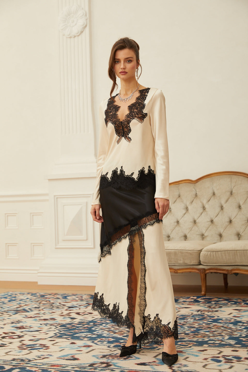 Raphaëlle Neutral Lace Panel Satin Blouse & Skirt Set