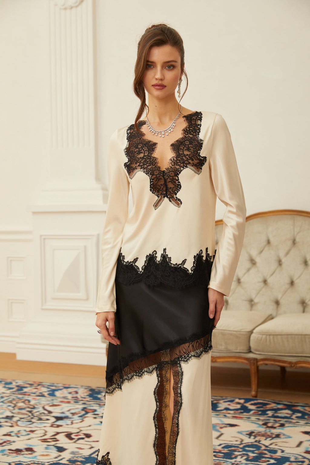 Raphaëlle Neutral Lace Panel Satin Blouse & Skirt Set