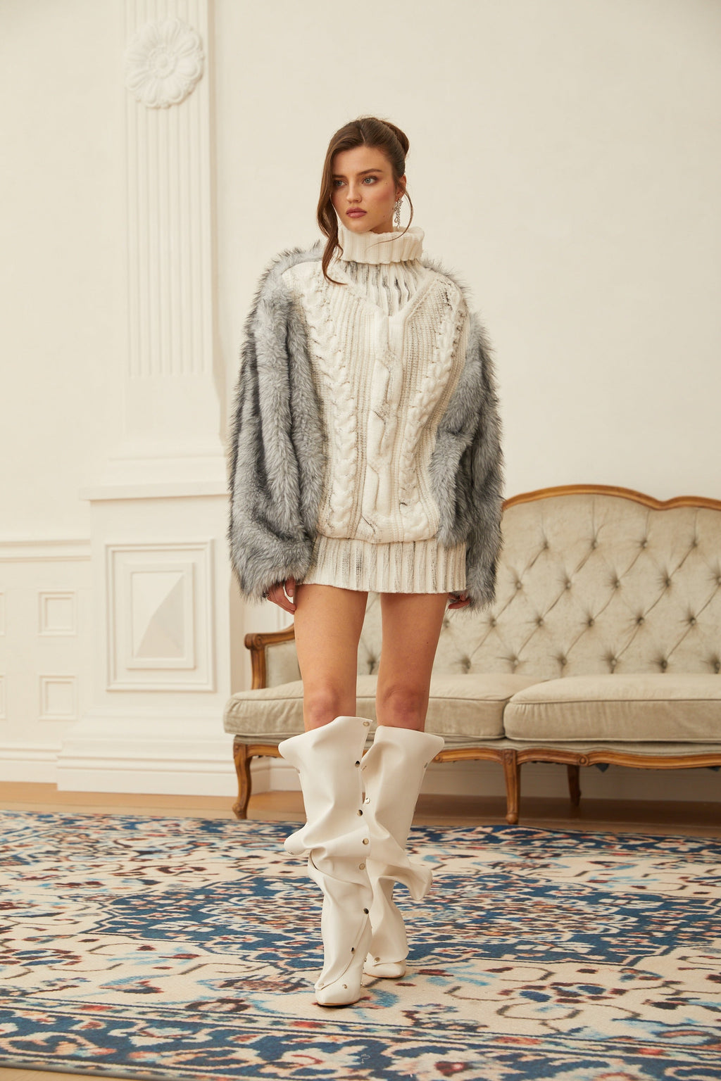 Calypso White Fur Panel Cable Knit Sweater