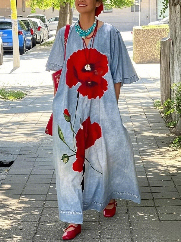 Half Sleeves Loose Flower Print V-Neck Maxi Dresses