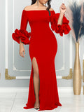 Bodycon Flared Sleeves Falbala Solid Color Split-side Off-the-shoulder Maxi Dresses