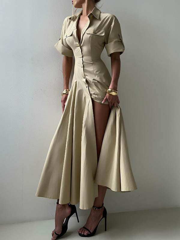 Short Sleeves Buttoned Solid Color Lapel Maxi Dresses Shirt Dress