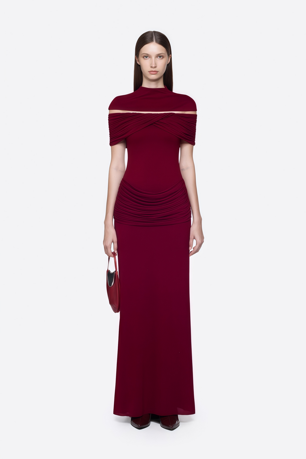 Ylva Red Cape Detail Ruched Maxi Dress