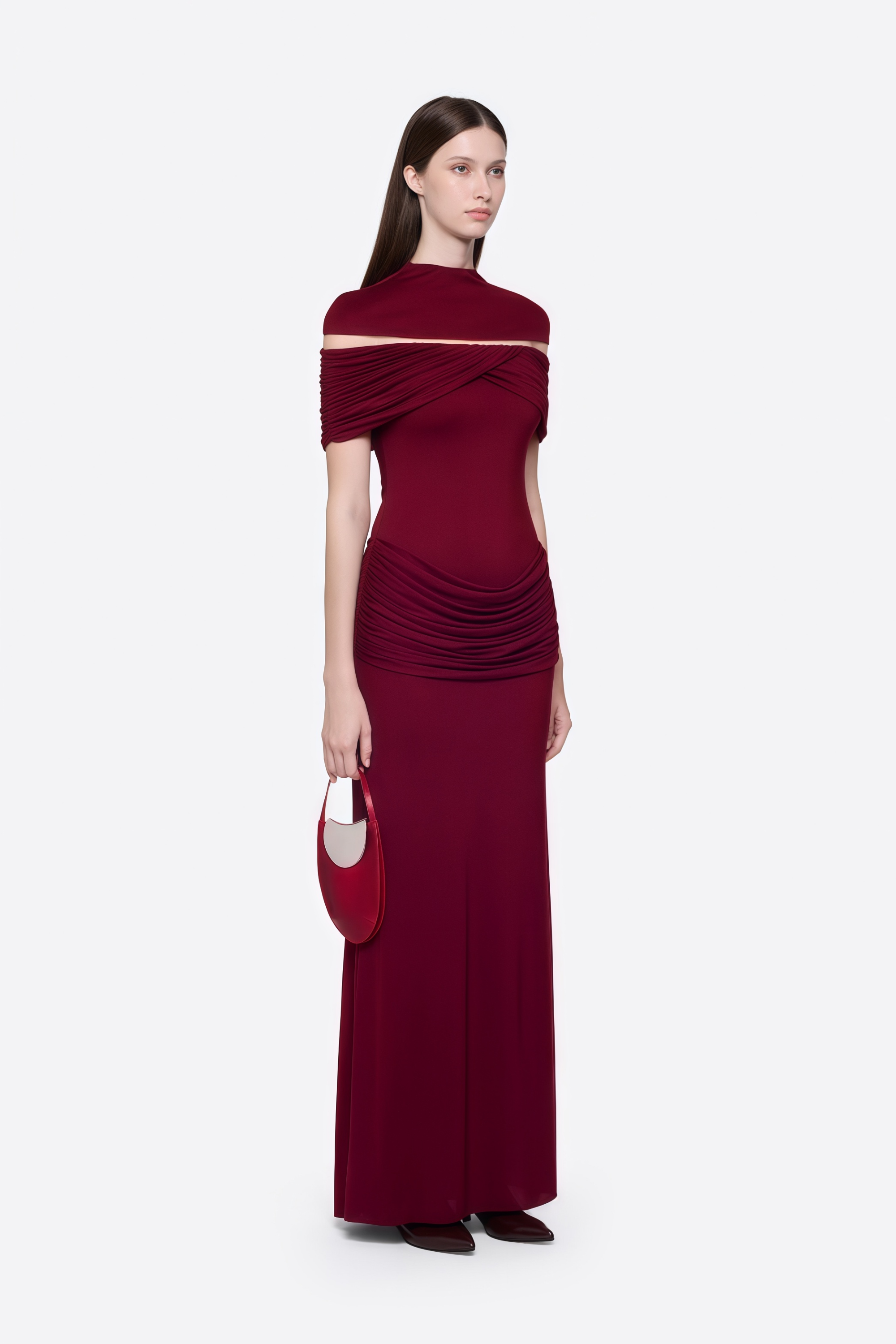 Ylva Red Cape Detail Ruched Maxi Dress