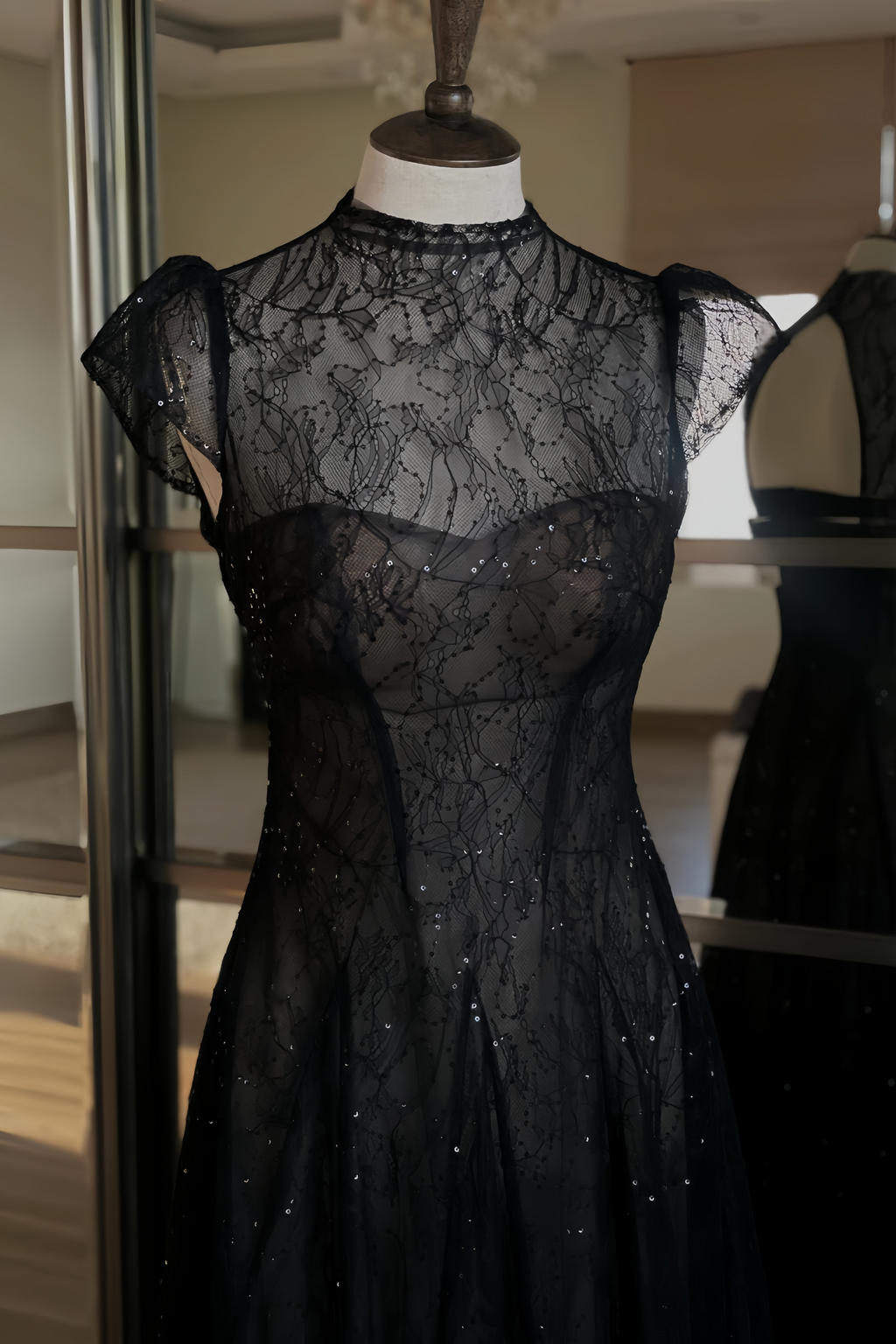 Velia Black Lace Glitter Tulle Maxi Gown