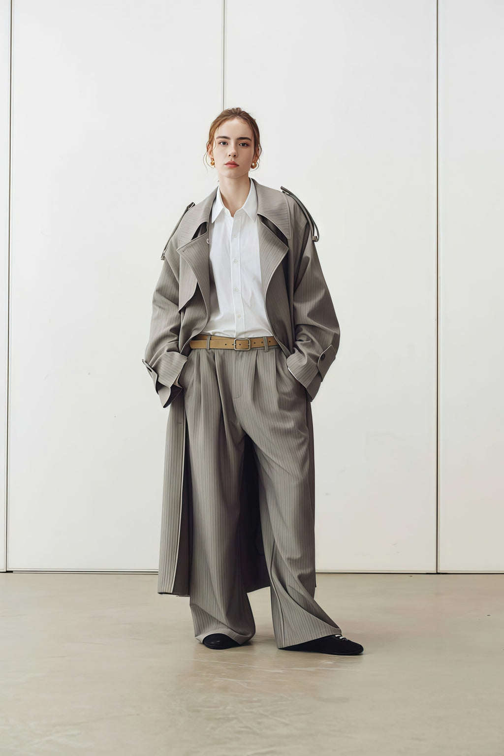Clémence Grey Striped Trench Coat & Trousers Set