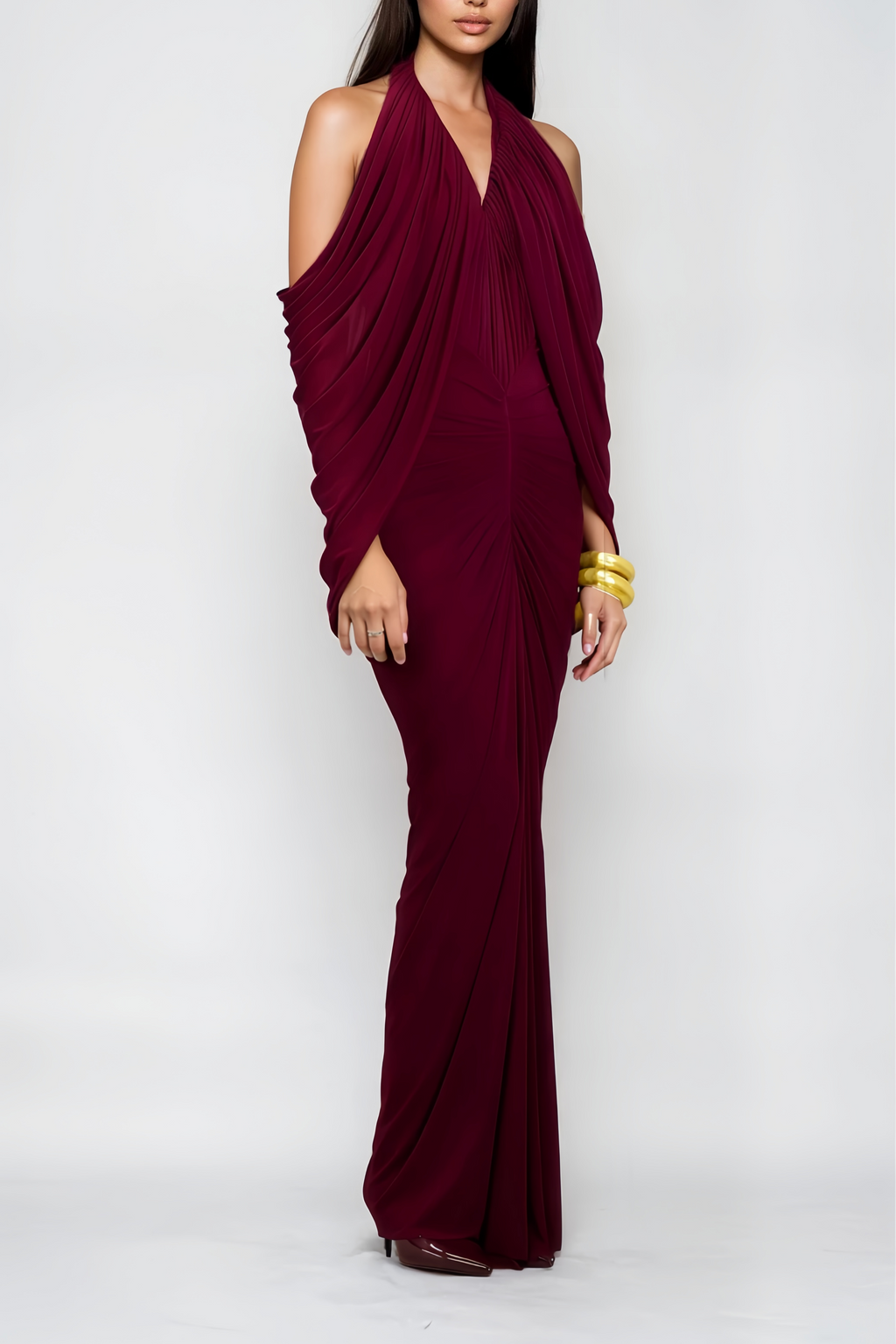 Eléa Red Cold Shoulder Draped Maxi Dress