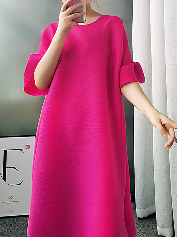 A-line Flared Sleeves Pleated Solid Color Round-neck Maxi Dresses Midi Dresses