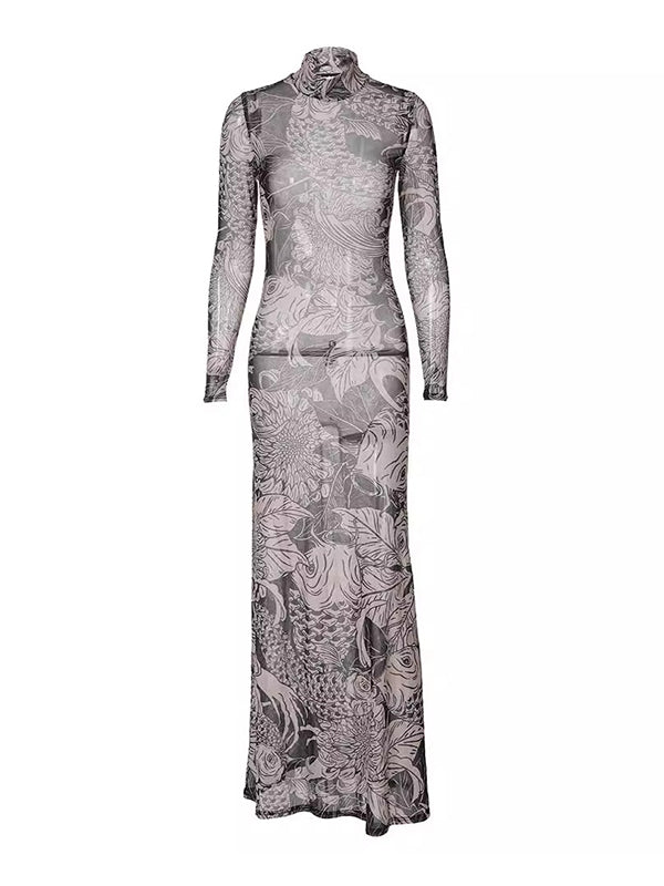 Long Sleeves Skinny Printed See-Through Split-Joint High Neck Evening Dresses Maxi Dresses