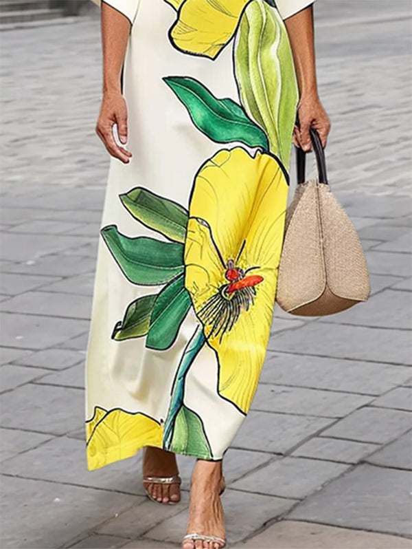 Batwing Sleeves Loose Floral Printed Split-Joint V-Neck Maxi Dresses
