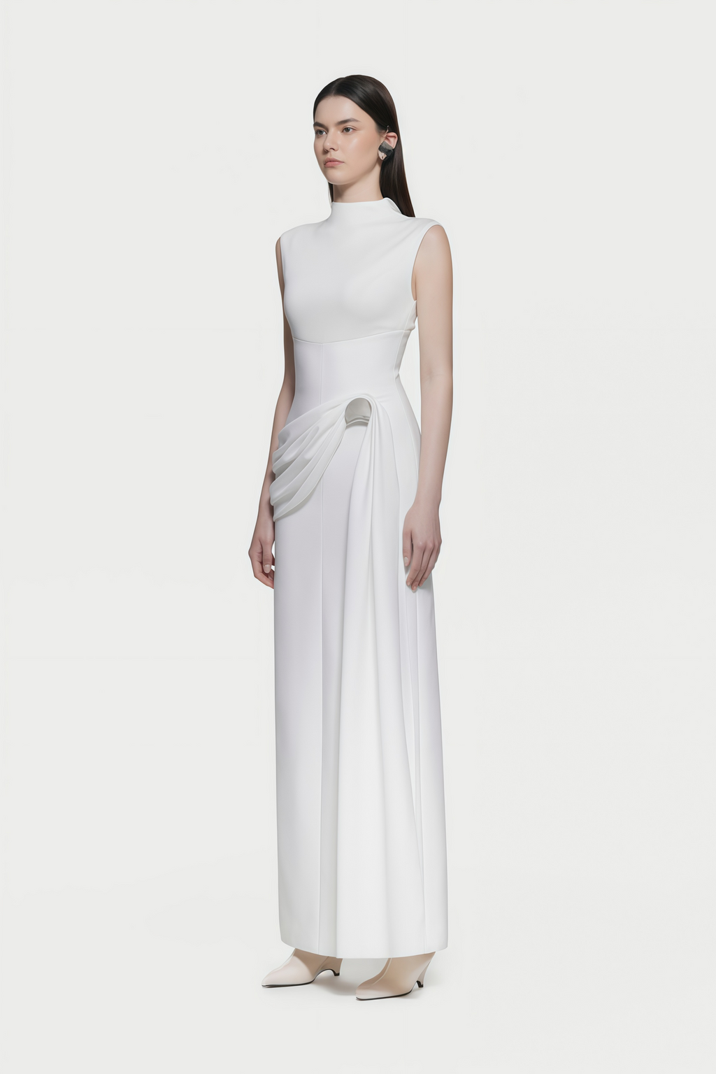Arna White Knit Panel Gathered Maxi Dress