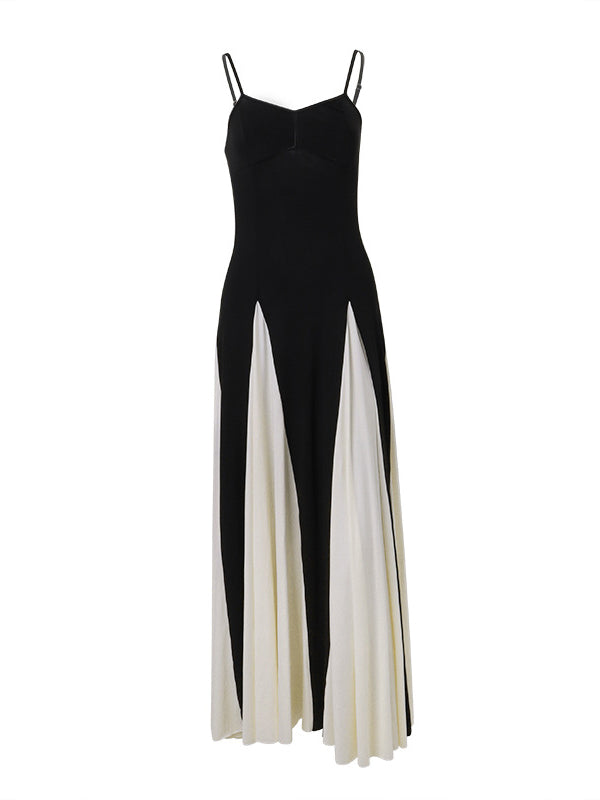 High Waisted Sleeveless Backless Contrast Color Pleated Split-Joint Spaghetti-Neck Maxi Dresses