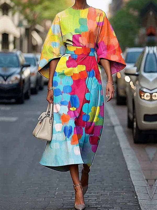 Loose Asymmetric Split-Joint Tied Waist Round-Neck Midi Dresses