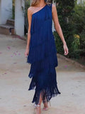 Loose Sleeveless Asymmetric Solid Color Split-Joint Tasseled One-Shoulder Maxi Dresses