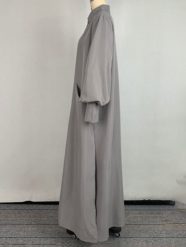 Long Sleeves Loose Solid Color Split-Joint Split-Side Lapel Maxi Dresses Shirt Dress
