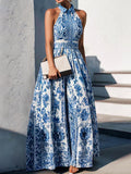 A-Line Loose Flower Print Split-Joint Lapel Maxi Dresses