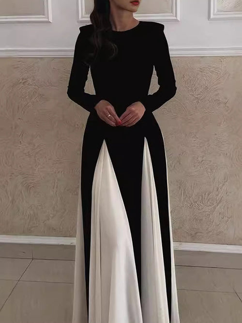A-Line Long Sleeves Contrast Color Elasticity Pleated Split-Joint Round-Neck Evening Dresses Maxi Dresses