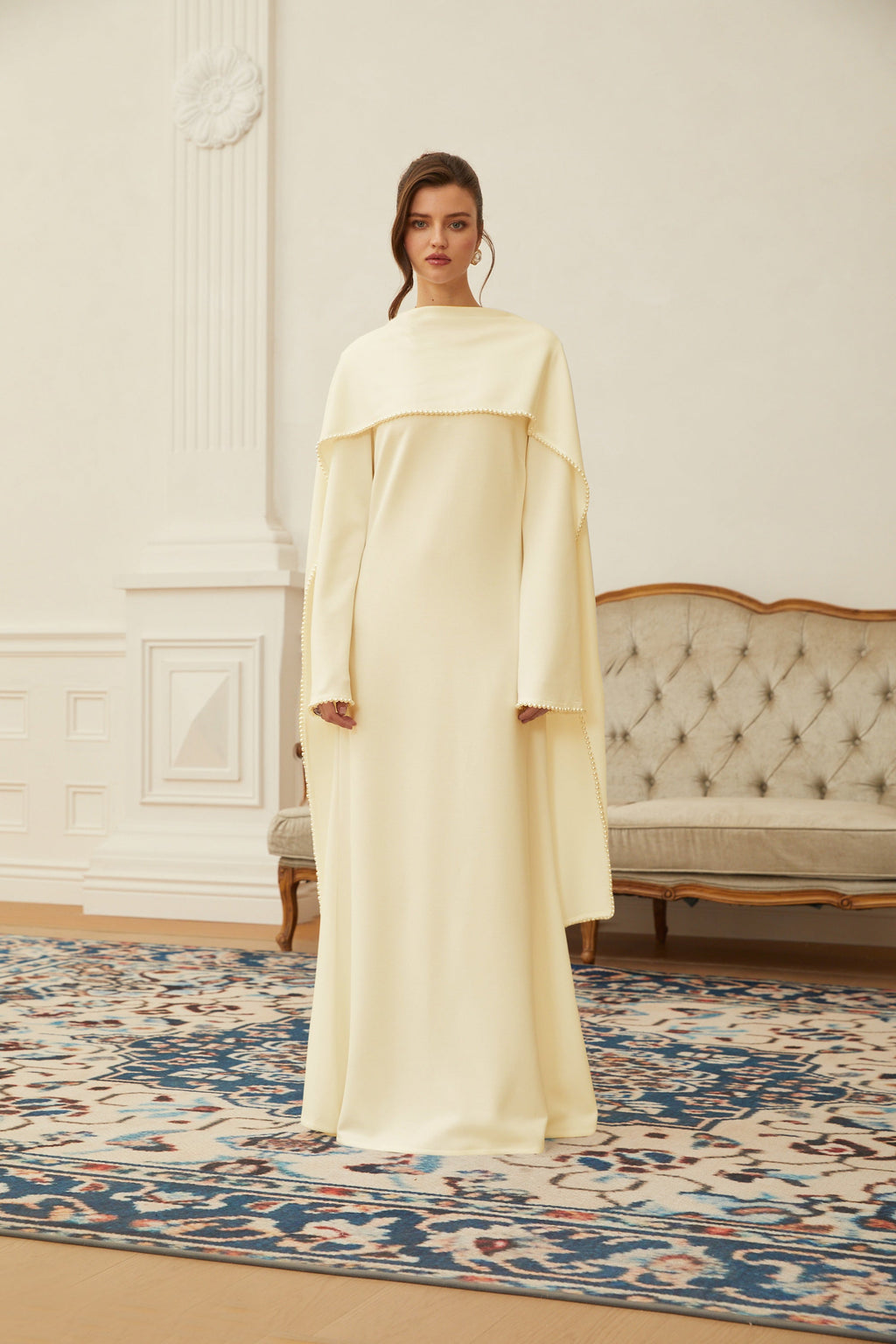 Piroska Yellow Pearl Trim Shawl Detail Maxi Dress