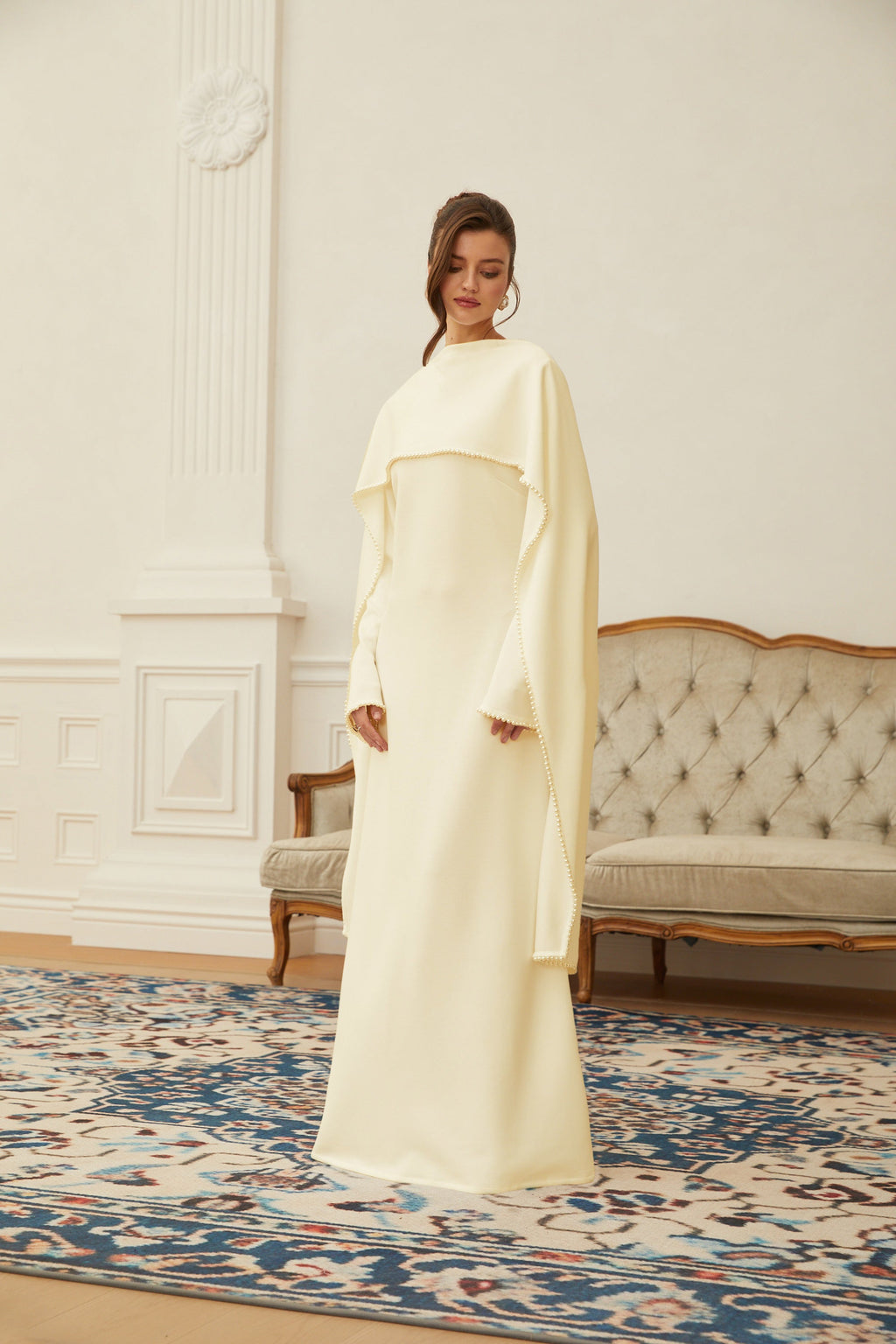 Piroska Yellow Pearl Trim Shawl Detail Maxi Dress