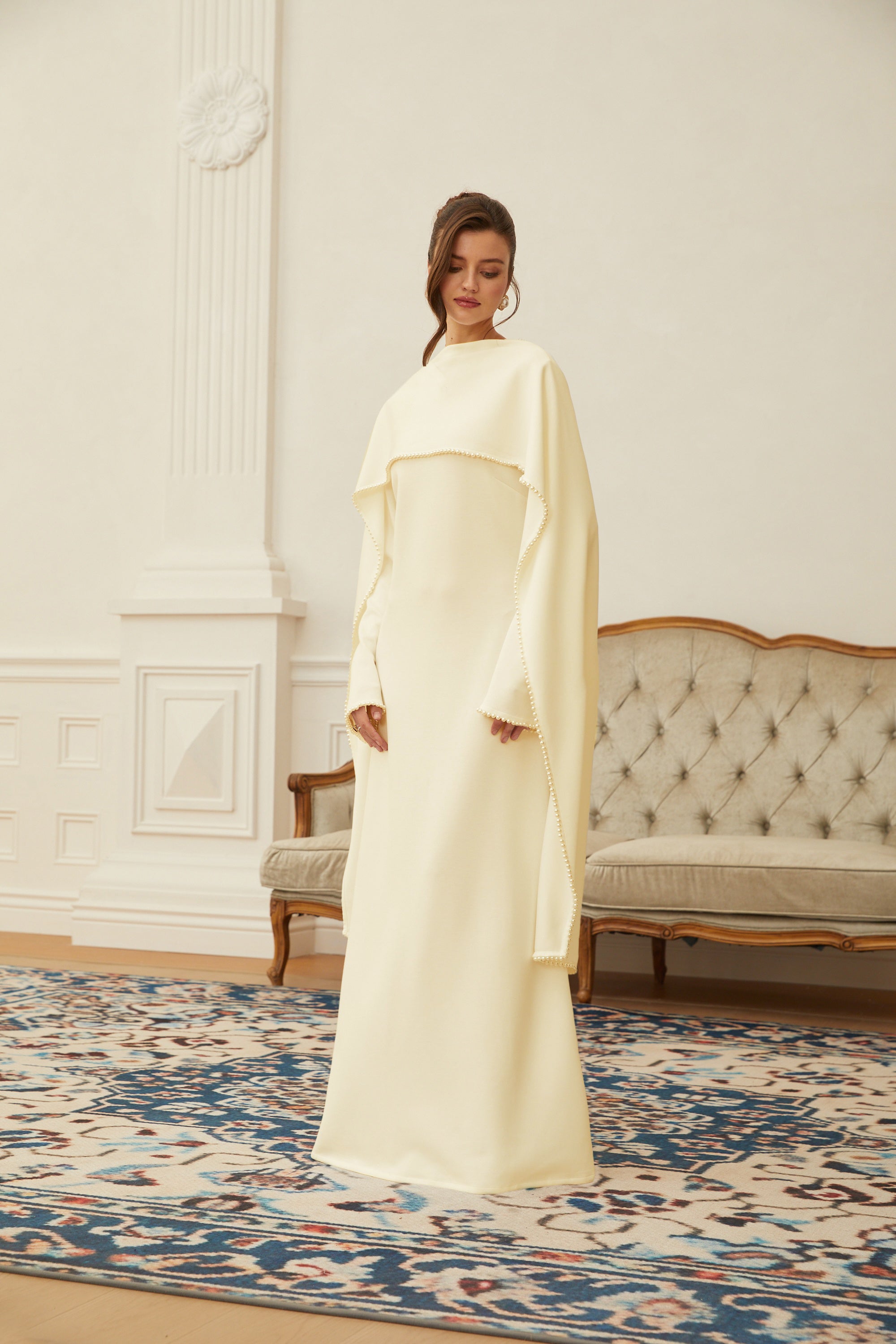 Piroska Yellow Pearl Trim Shawl Detail Maxi Dress