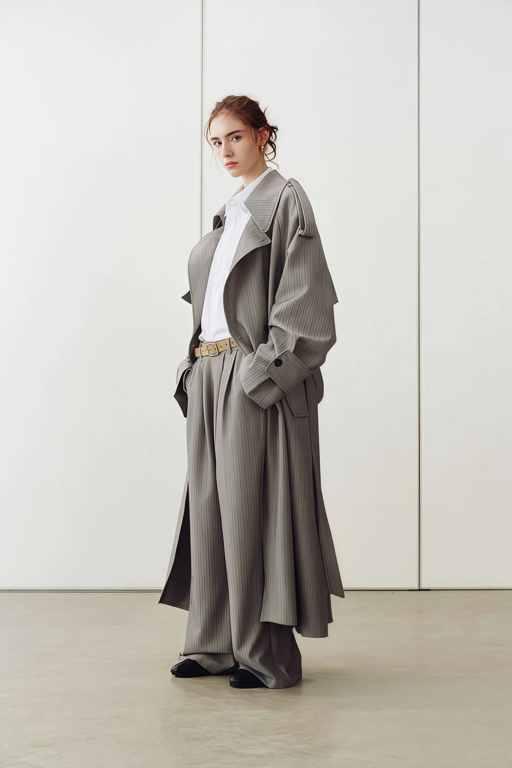 Clémence Grey Striped Trench Coat & Trousers Set